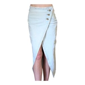 Sincerely Jules Light Wash Denim Midi Wrap Skirt Size 0 / XS Raw Hem 25" Waist